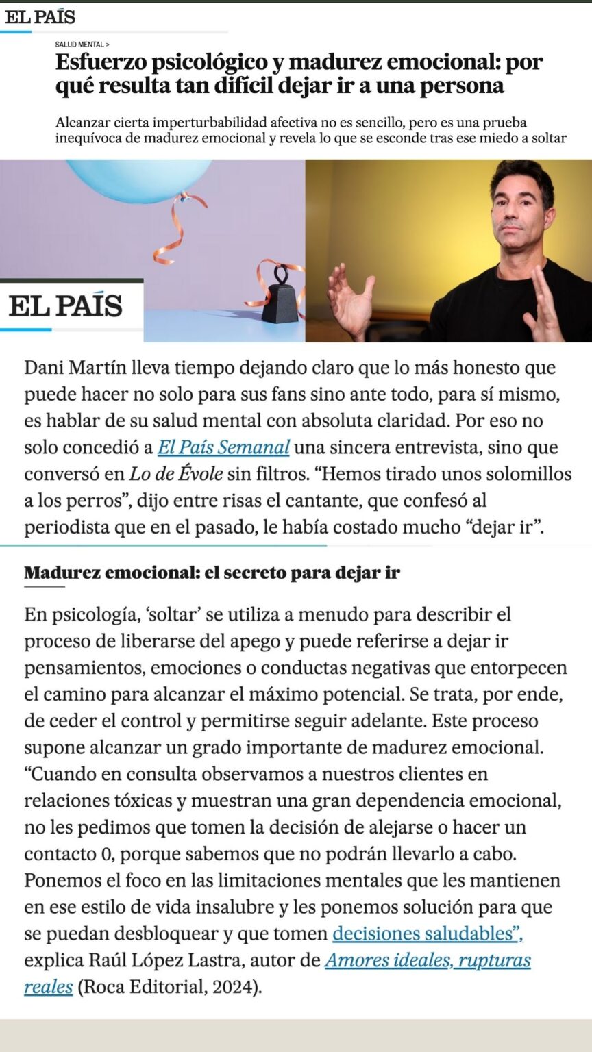 Ponemos el foco en las limitaciones mentales que les mantienen en ese estilo de vida insalubre y les ponemos solución para que se puedan desbloquear y que tomen decisiones saludables" explica Raúl López Lastra, autor de Amores ideales, rupturas reales (Roca Editorial, 2024).